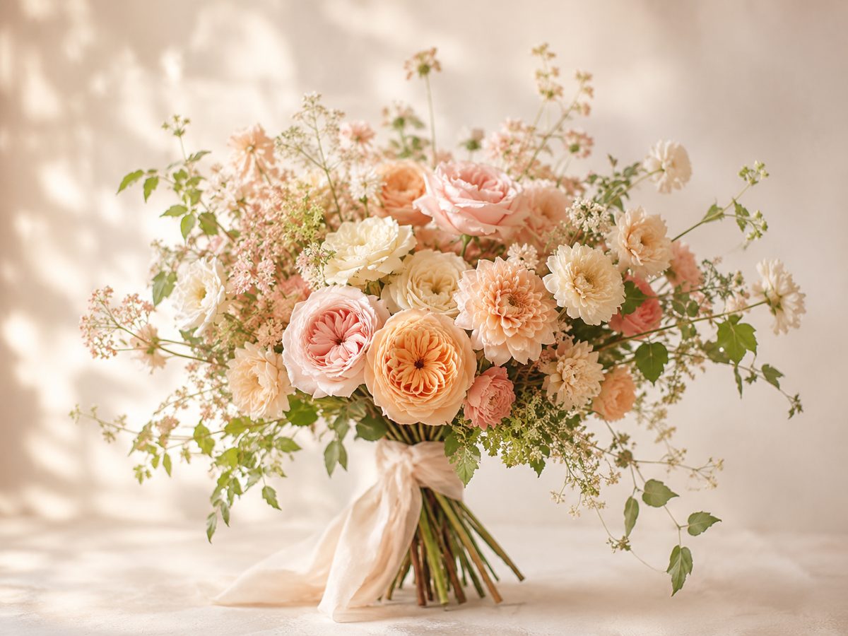 An airy bouquet of blush, peach and cream flowers with soft greenery
