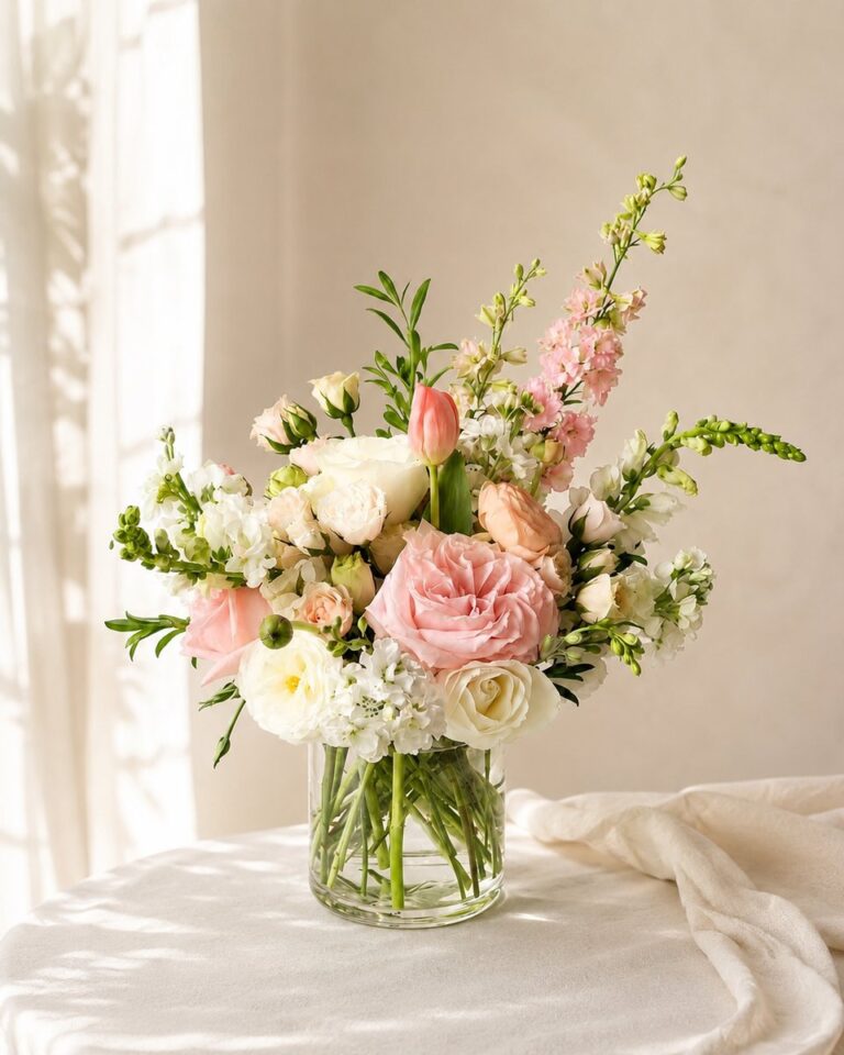 Soft blush roses, stock and tulip, shower flowers by Valley Bloom Shop