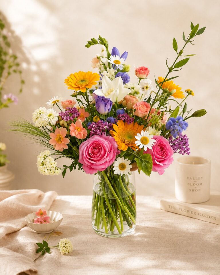 A joyful just-because mix of roses, gerbera daisies and garden blooms by Valley Bloom Shop