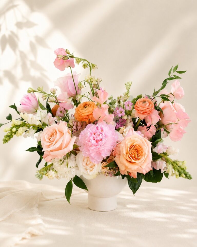 Blush peony, peach garden roses and sweet peas in a romantic compote, wedding florals by Valley Bloom Shop