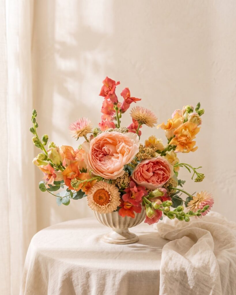 Apricot Supper: peach garden roses, coral snapdragons, strawflowers and yarrow with eucalyptus in a footed compote, by Valley Bloom Shop, Athens TN