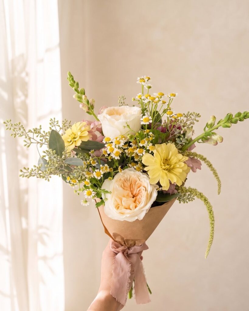 Buttermilk: a hand-tied posy of cream and peach garden roses, butter yellow zinnias and feverfew in kraft paper, by Valley Bloom Shop, Athens TN