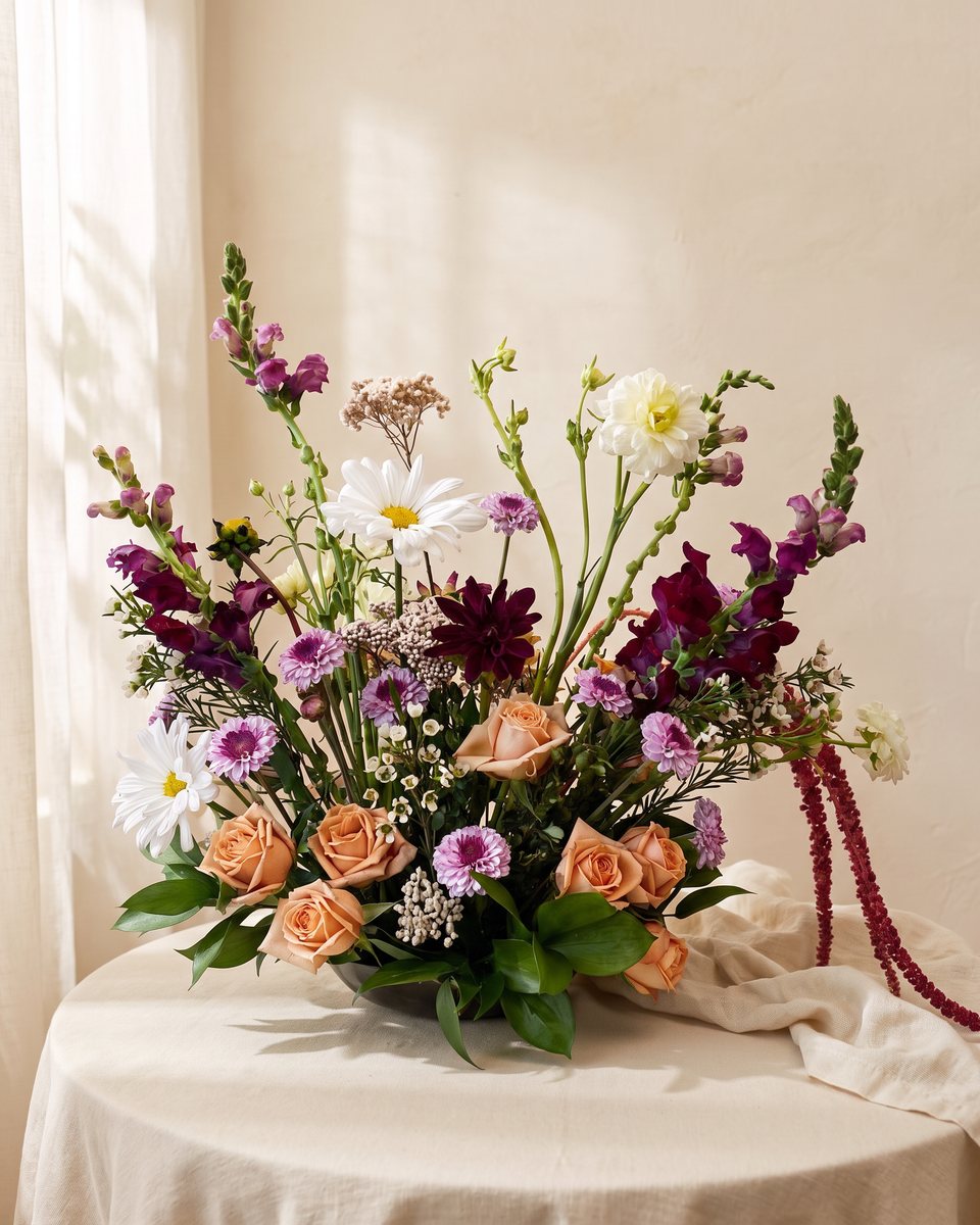 Fig and Toffee: toffee roses, burgundy snapdragons, lavender mums, white daisies and trailing red amaranthus, by Valley Bloom Shop, Athens TN