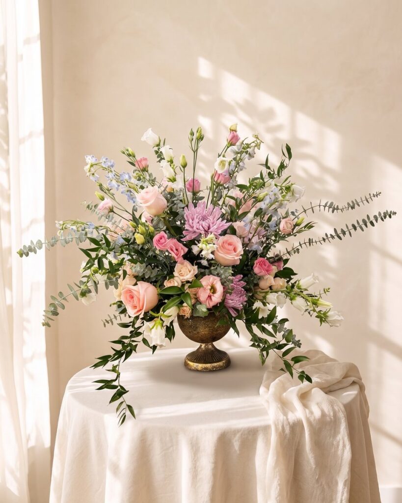 Heirloom: pink roses, lavender spider mums, white campanula and pale blue delphinium with trailing eucalyptus in a footed compote, by Valley Bloom Shop, Athens TN