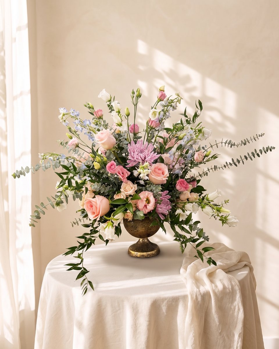 Heirloom: pink roses, lavender spider mums, white campanula and pale blue delphinium with trailing eucalyptus in a footed compote, by Valley Bloom Shop, Athens TN