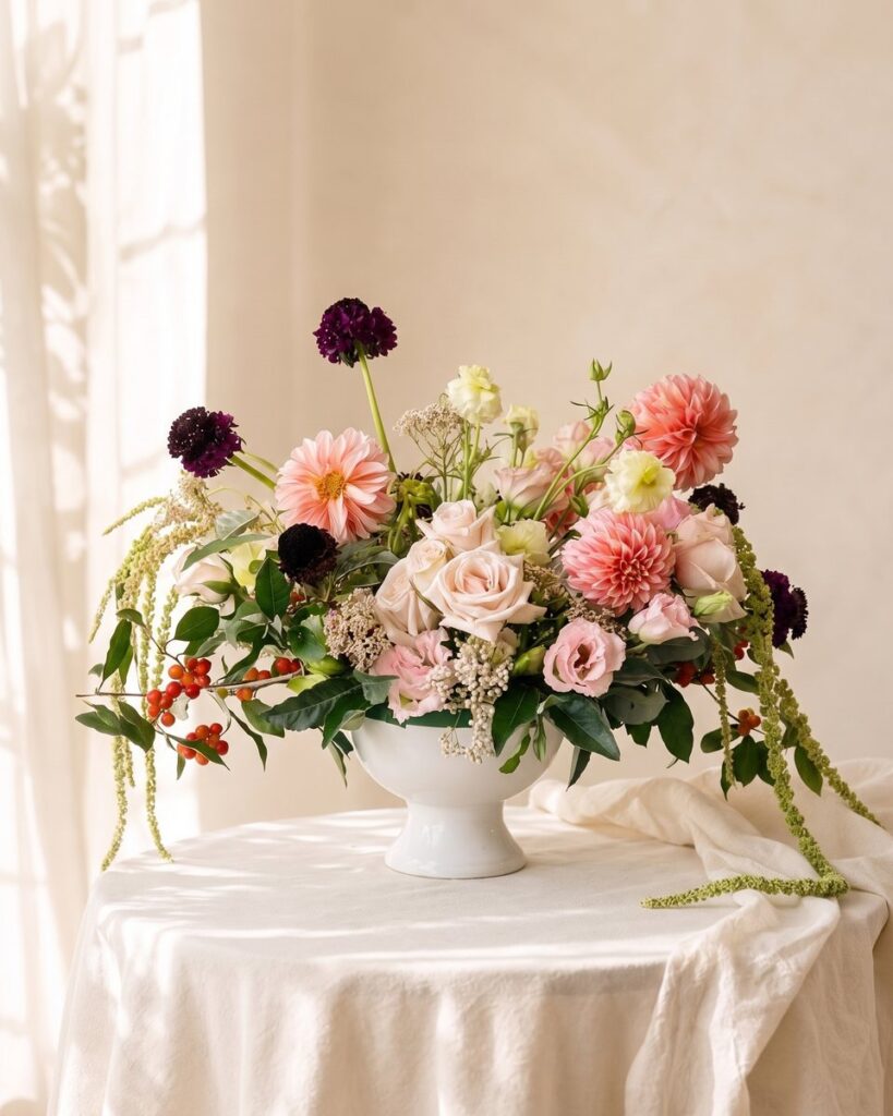 Peach and Plum: blush roses, pink dahlias and dark plum scabiosa with trailing green amaranthus in a white footed bowl, by Valley Bloom Shop, Athens TN