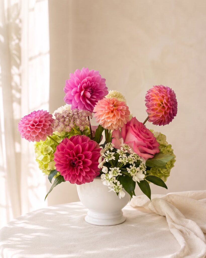 Sherbet Social: hot pink and coral dahlias, a pink rose, green hydrangea and white lace flower, by Valley Bloom Shop, Athens TN