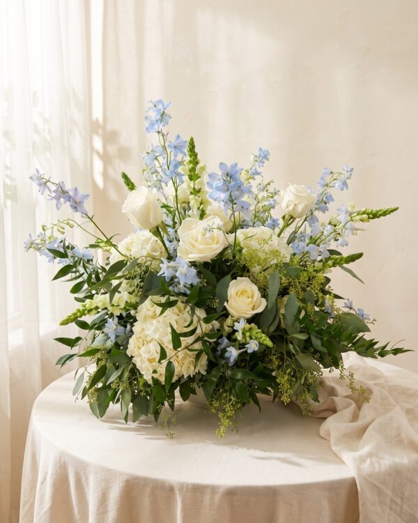 Something Blue: white roses, white hydrangea and pale blue delphinium with snapdragon and seeded eucalyptus, by Valley Bloom Shop, Athens TN